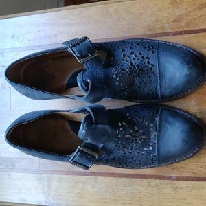 Fluevog flower punched leather heeled shoes buckle